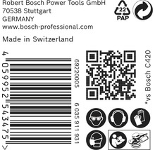 Productverpakkingsprint met informatie over Robert Bosch Power Tools GmbH, fabricagelocatie Zwitserland, barcode, QR-code en veiligheidsinstructies