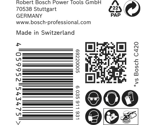 Productverpakkingsprint met informatie over Robert Bosch Power Tools GmbH, fabricagelocatie Zwitserland, barcode, QR-code en veiligheidsinstructies