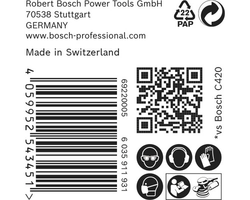 Productverpakking met informatie over Robert Bosch Power Tools GmbH, streepjescode, QR-code, recyclinginstructie en veiligheidsmaatregelen