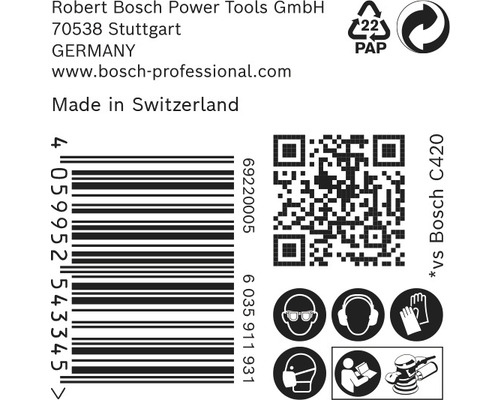 Informatie over Robert Bosch Power Tools, streepjescode, QR-code en veiligheidsinstructies.