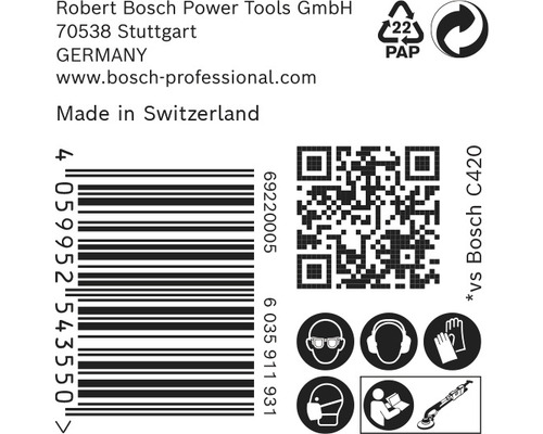 Informatie over Robert Bosch Power Tools, streepjescode, QR-code, papieren verpakkingssymbool, symbolen voor verplichte beschermingsmiddelen en gereedschapssymbool