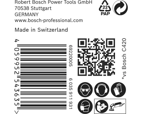Informatie over Robert Bosch Power Tools, barcode, QR-code, papierverpakking en veiligheidssymbolen