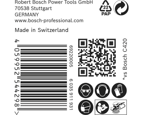 Informatie over Robert Bosch Power Tools GmbH, barcode, QR-code en veiligheidsinstructies.