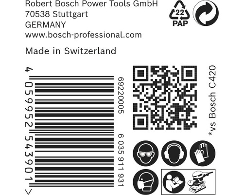 Informatie over Robert Bosch Power Tools, streepjescode, papierrecyclingssymbool, QR-code en veiligheidsinstructies