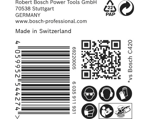 Informatie over Robert Bosch Power Tools, streepjescode, QR-code, recyclingsymbool, veiligheidsinstructies