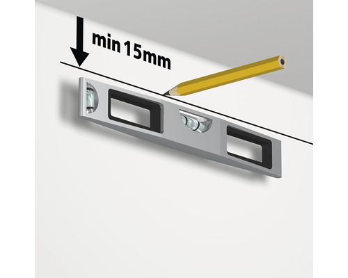 Illustratie van een waterpas die met een potlood op een muur wordt uitgelijnd, met de vermelding van een minimumafstand van 15 mm.