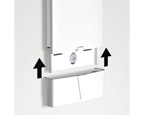 Montage-instructie van een witte papieren handdoekdispenser met pijlen die de beweging van de onderdelen aangeven.