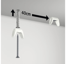 Illustratie toont de montage van plafondhaken met schroeven en pluggen, afstand 40 centimeter.