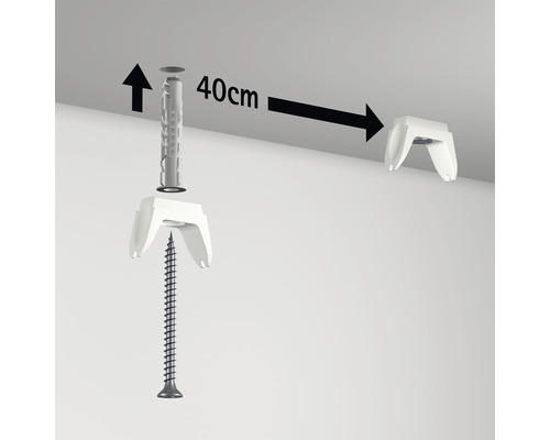 Illustratie toont de montage van plafondhaken met schroeven en pluggen, afstand 40 centimeter.