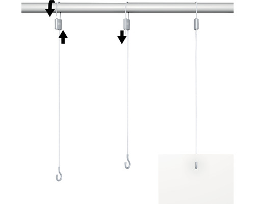 Beeldophangsysteem met kabels en haken voor bevestiging aan een rail