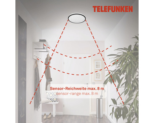 Telefunken logo. Plafondlamp met sensor in een hal met een sensorbereik van maximaal 8 meter