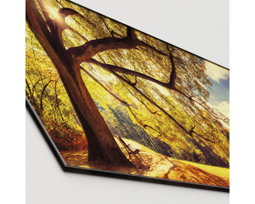 Decoratieve wandplaat met boomlandschap en bank