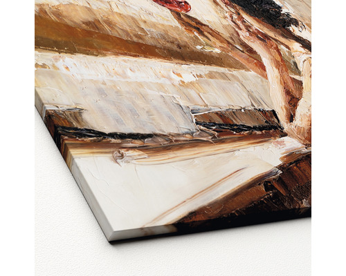 Close-up van een schilderij met olieverf op doek.