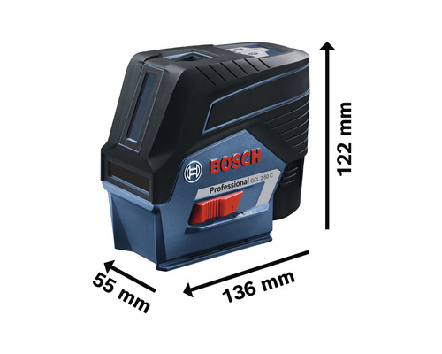 Bosch Logo lijnlaser GCL 2-50 C met de afmetingen 122 mm hoogte, 136 mm lengte en 55 mm breedte