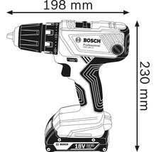 Bosch Professional GSR 18V-21 accuschroefboormachine met afmetingen 198 mm breed en 230 mm hoog.