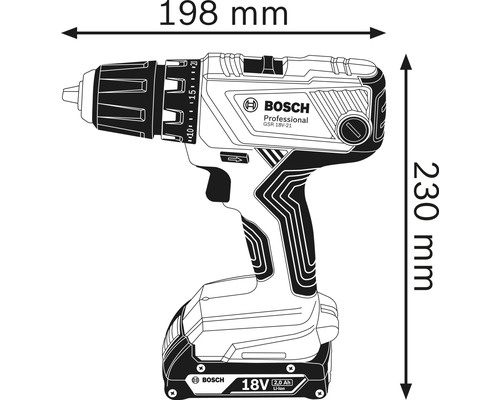 Bosch Professional GSR 18V-21 accuschroefboormachine met afmetingen 198 mm breed en 230 mm hoog.