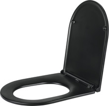 Zwarte kunststof toiletbril, opengeklapt