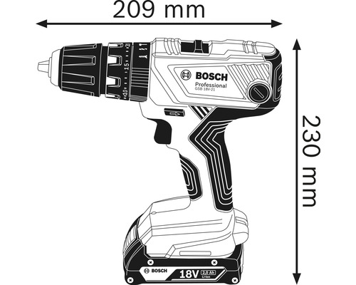 Afbeelding van een boorhamer met afmetingen 209 mm breed en 230 mm hoog