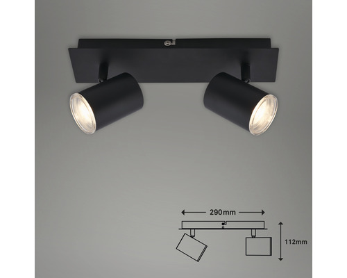 Zwarte plafondlamp met twee spots en maatvoering.