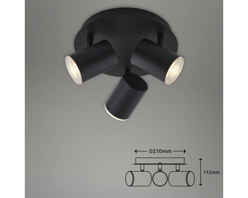 Zwarte plafondlamp met drie spots en maatvoering