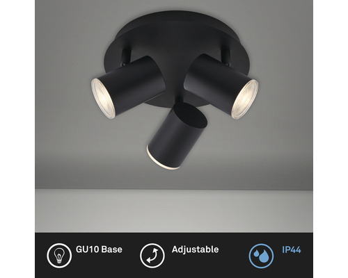 Zwarte plafondlamp met drie GU10 fittingen, verstelbaar en beschermingsgraad IP44