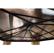 Gedetailleerd zicht op het dak van een tuinpaviljoen met metalen frame en lichtdoorlatende panelen
