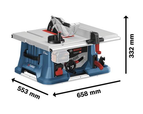 Bosch accu-tafelzaag met afmetingen 658 x 553 x 332 millimeter