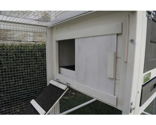 Gedetailleerde weergave van een kippenhok met schuifdeur en helling