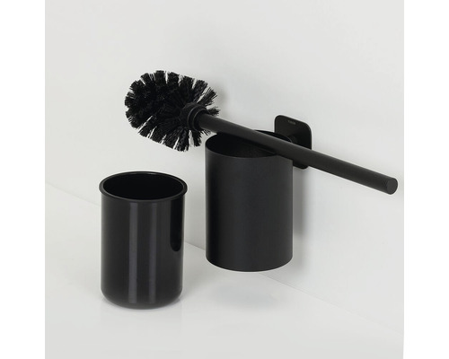 Zwarte toiletborstel met houder en extra container