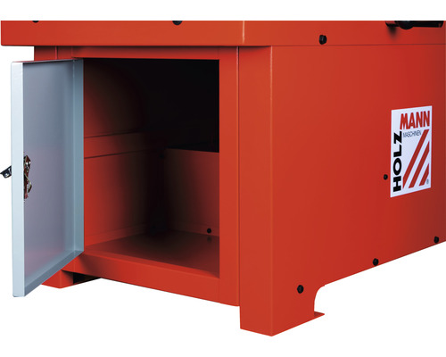 Werkbank onderkast met open deur en Mann Holzmaschinen Logo