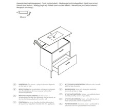 Schets van een wastafelonderkast met laden, wastafel en siliconenpistool