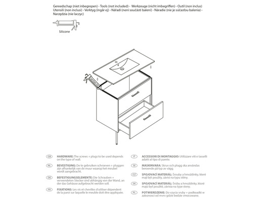 Schets van een wastafelonderkast met laden, wastafel en siliconenpistool