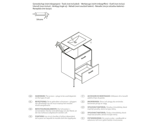 Tekening van een wastafelonderkast met twee laden en een wastafel, een siliconenspuit ligt klaar