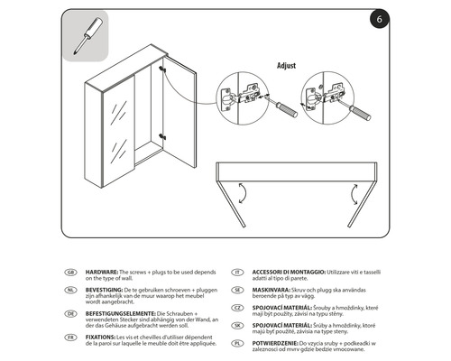 Afbeelding van een montagehandleiding voor een spiegelkast met schroevendraaier