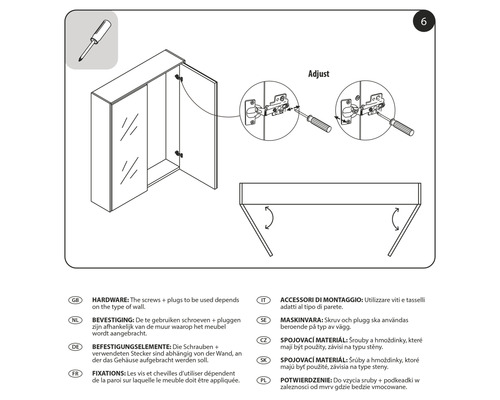 Montage-instructies voor een spiegelkast met schroeven en pluggen voor wandmontage
