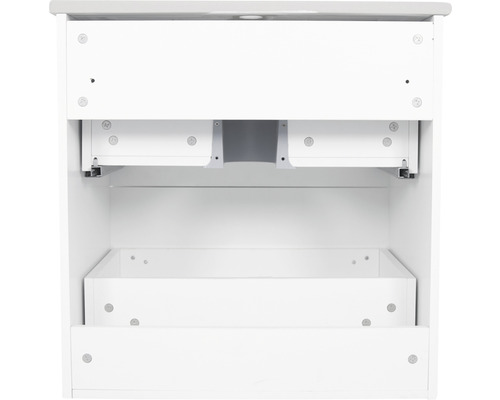 Binnenaanzicht van een witte wastafelonderkast met laden voor de badkamer