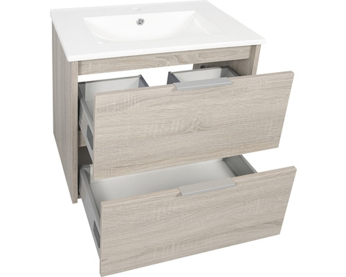 Wastafelonderkast met twee open laden en keramische wastafel