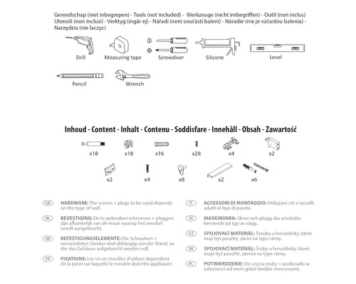 Illustratie van gereedschap en bevestigingsmaterialen die nodig zijn voor de montage.