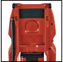 Achterkant van een rode Einhell acculamp met handvat en ophanging