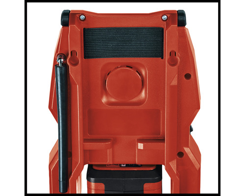 Achterkant van een rode Einhell acculamp met handvat en ophanging