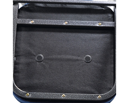 Onderkant van een stoel met stoffen bekleding en metalen frame