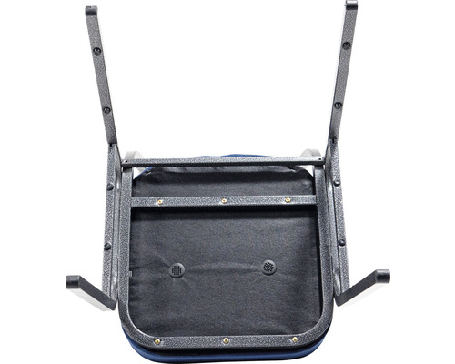 Onderkant van een stoel met metalen frame en gestoffeerde zitting