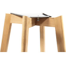 Detailopname van een kruk met houten poten en metalen bevestiging