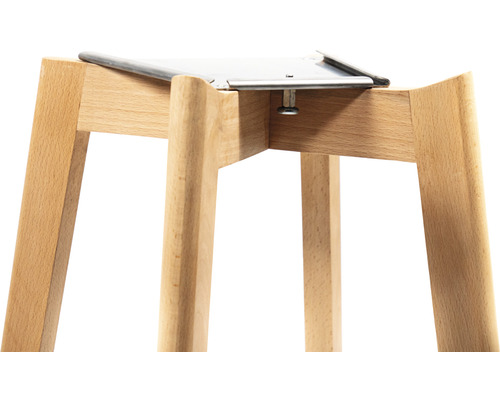 Detailopname van een kruk met houten poten en metalen bevestiging