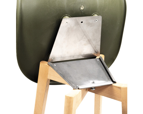 Gedetailleerde weergave van een stoelconstructie met houten poten en een metalen bevestiging