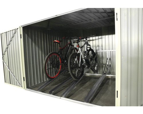 Metalen fietsbox met twee fietsen en een fietsstandaard