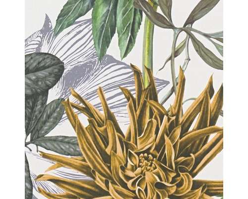 Detail van een behang met een planten- en bloemmotief
