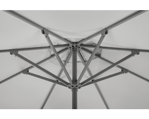 Detailaanzicht van de onderkant van een parasol met metalen frame