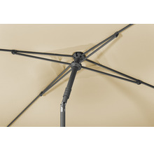 Detailopname van een parasol van onderen met frame en schermdoek