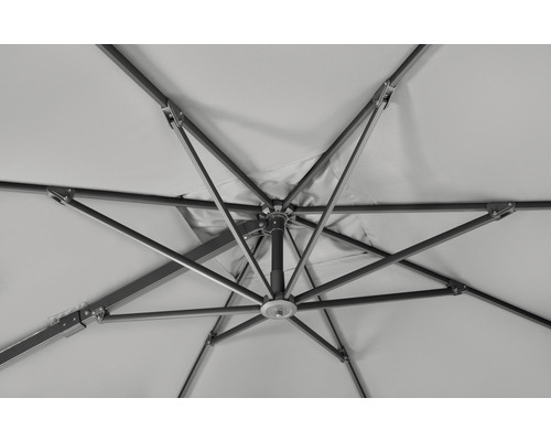 Onderkant van een open parasol met metalen frame